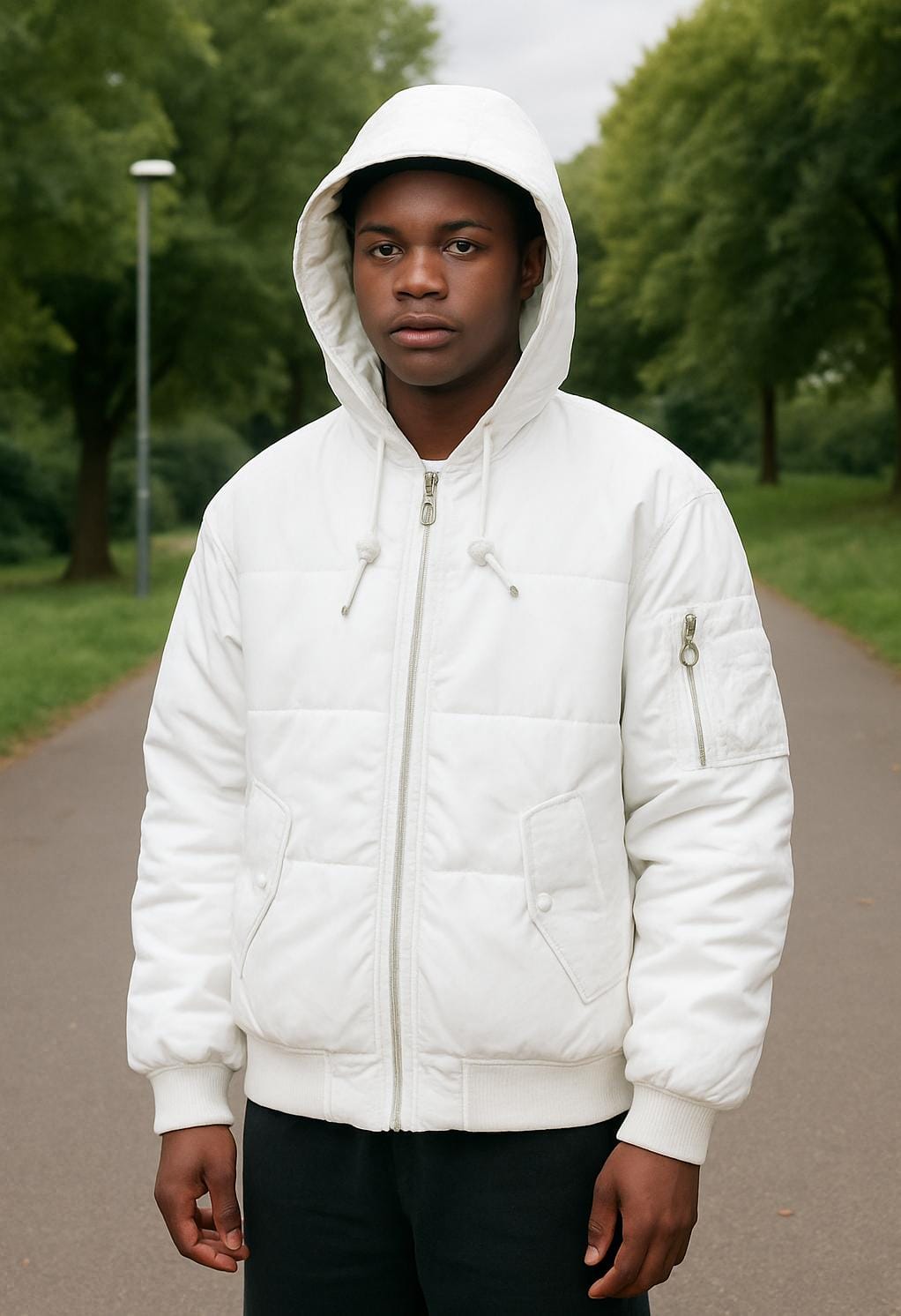 Dream Big, Stay Warm – White Hooded Jacket with Bold Style. for Adults 18+