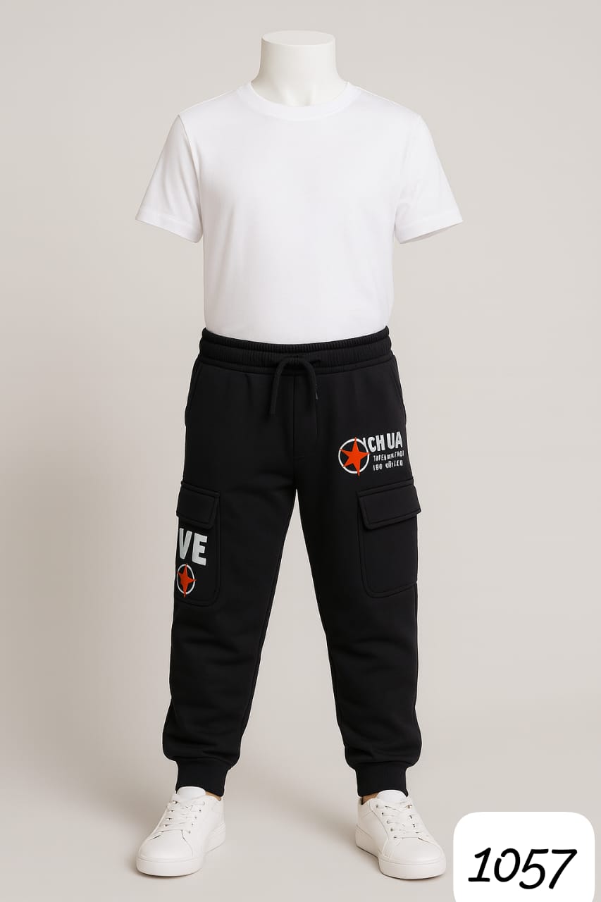 Boys’ Black Cargo Jogger Pants with Warm Fleece Lining (12-14 Year)